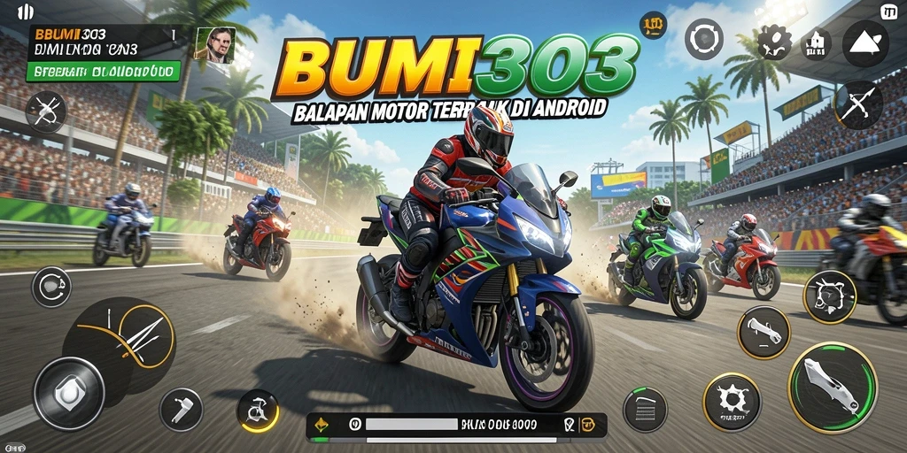 Tampilan gameplay BUMI303 dengan balapan motor yang seru.