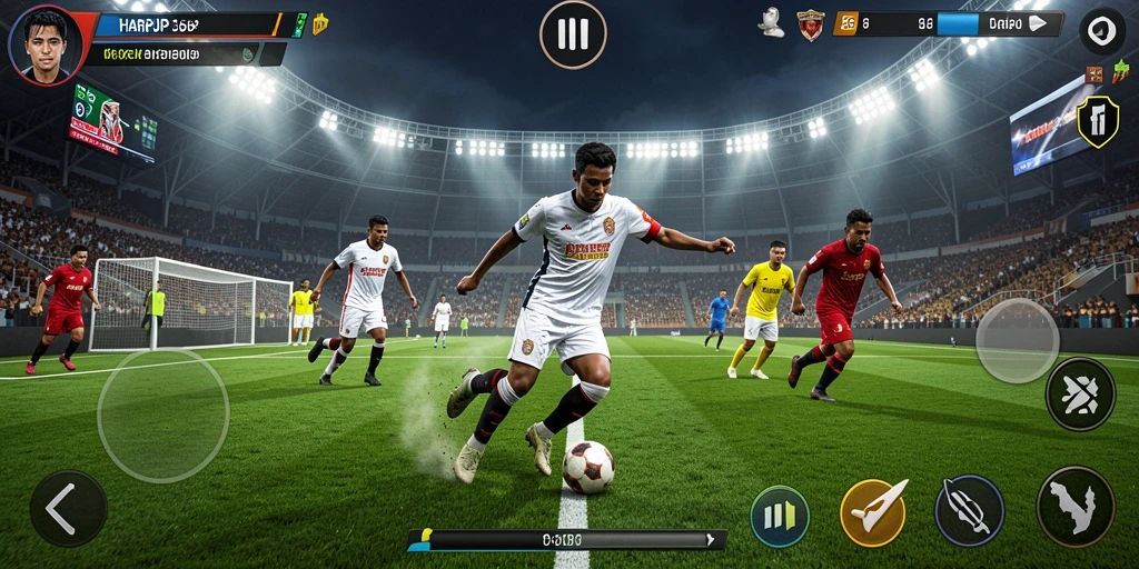 Screenshot utama HARAPJP menunjukkan aksi seru dalam permainan sepak bola.