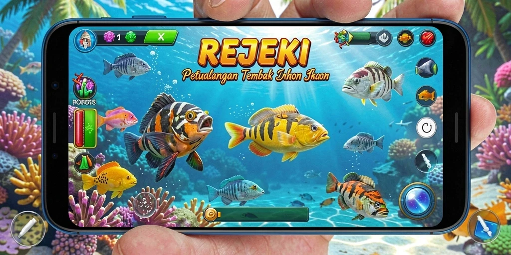 Screenshot gameplay REJEKI menampilkan aksi tembak ikan yang seru.