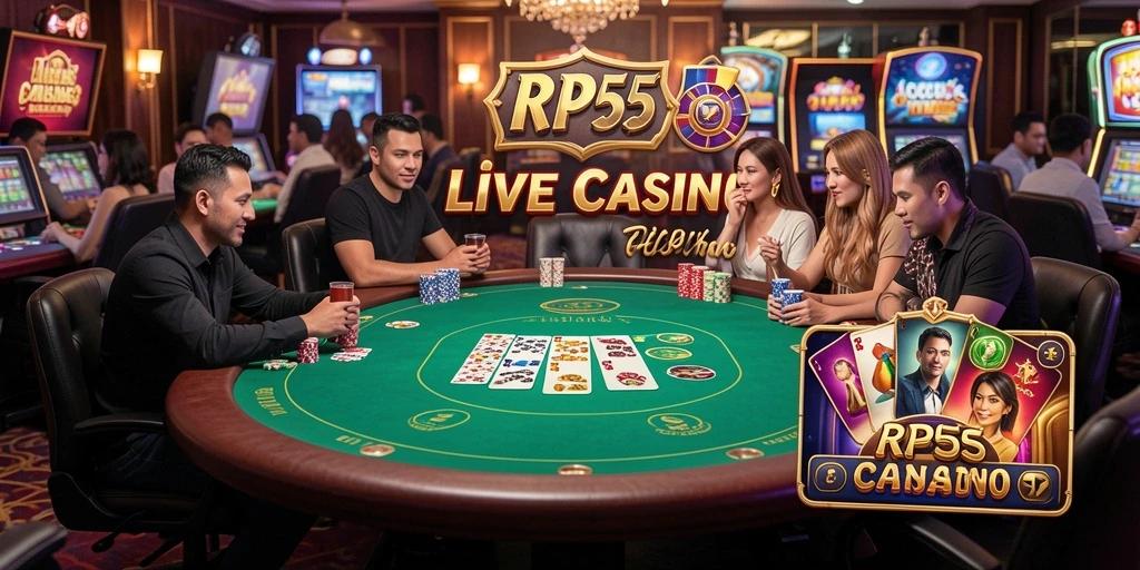 Gameplay Live Casino RP55 yang menampilkan dealer profesional dan meja permainan.